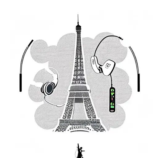 A silhouette of the Eiffel Tower with a book and headphones, symbolizing the client's love for reading and podcasts while traveling. tattoo design idea