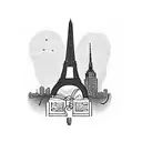 A silhouette of the Eiffel Tower with a book and headphones, symbolizing the client's love for reading and podcasts while traveling. tattoo design idea