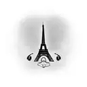 A silhouette of the Eiffel Tower with a book and headphones, symbolizing the client's love for reading and podcasts while traveling. tattoo design idea