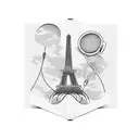 A silhouette of the Eiffel Tower with a book and headphones, symbolizing the client's love for reading and podcasts while traveling. tattoo design idea