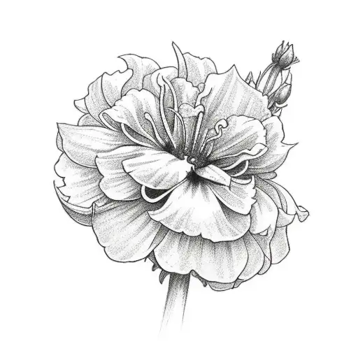 Black ink, Half sleeve, include flowers: carnation, violet, daffodil, delphinium, gladiolus, aster, chrysanthemum tattoo design idea