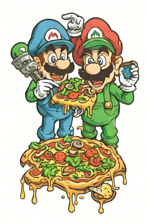 Mario and Luigi eating shrooms on pizza tattoo design idea