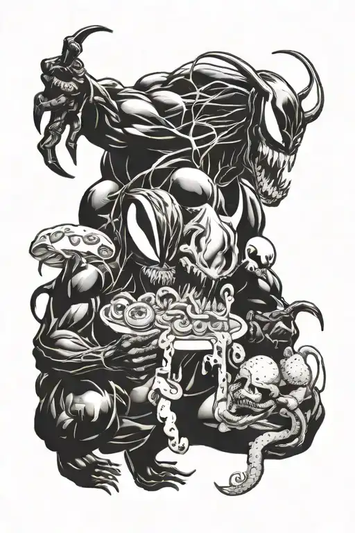 venom and Deadpool eating shrooms   tattoo design idea