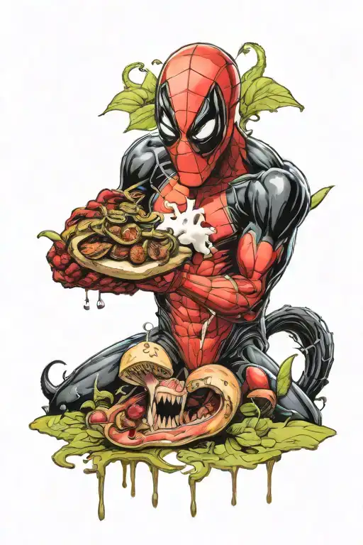venom and Deadpool eating shrooms   tattoo design idea