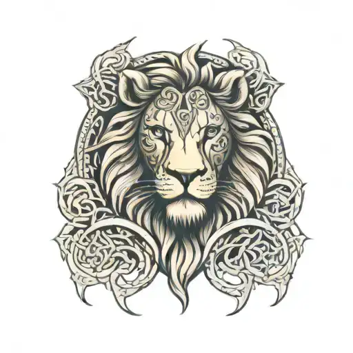 sleeve with celtic knots and lion head tattoo design idea