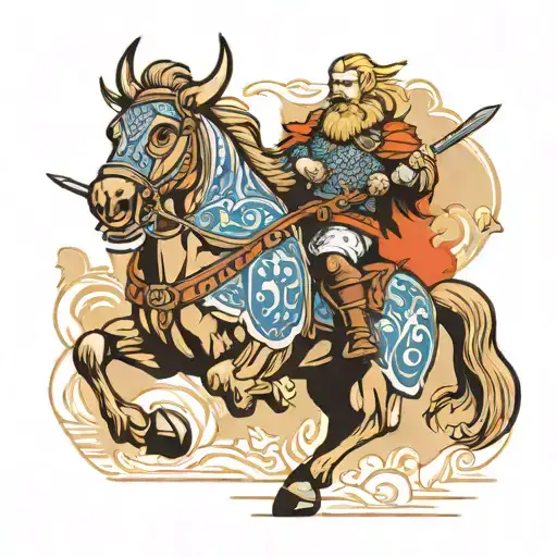 A Viking warrior riding a horse into battle with a fierce dog by their side tattoo design idea