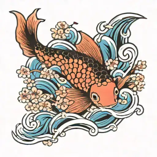 A traditional Japanese koi fish swimming among cherry blossoms and waves tattoo design idea