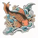 A traditional Japanese koi fish swimming among cherry blossoms and waves tattoo design idea
