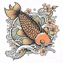 A traditional Japanese koi fish swimming among cherry blossoms and waves tattoo design idea