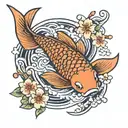 A traditional Japanese koi fish swimming among cherry blossoms and waves tattoo design idea