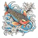 A traditional Japanese koi fish swimming among cherry blossoms and waves tattoo design idea