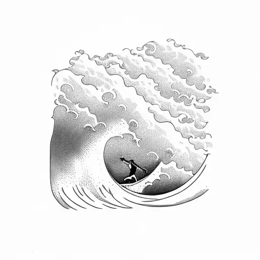 A majestic wave with a surfer riding it towards the shore tattoo design idea