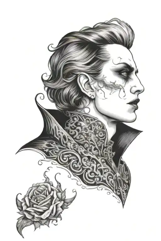 A hauntingly beautiful portrait of a vampire with intricate details and a mysterious aura, combining the love for vampires and the art of blackwork tattoos tattoo design idea