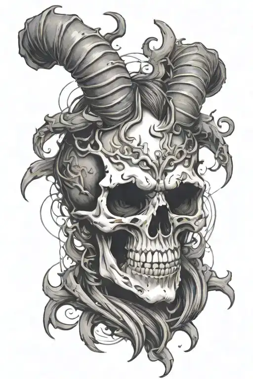 A skull with twisted horns and a devilish grin, surrounded by swirling black and grey smoke, capturing the essence of the client's passion for skulls and dark themes tattoo design idea