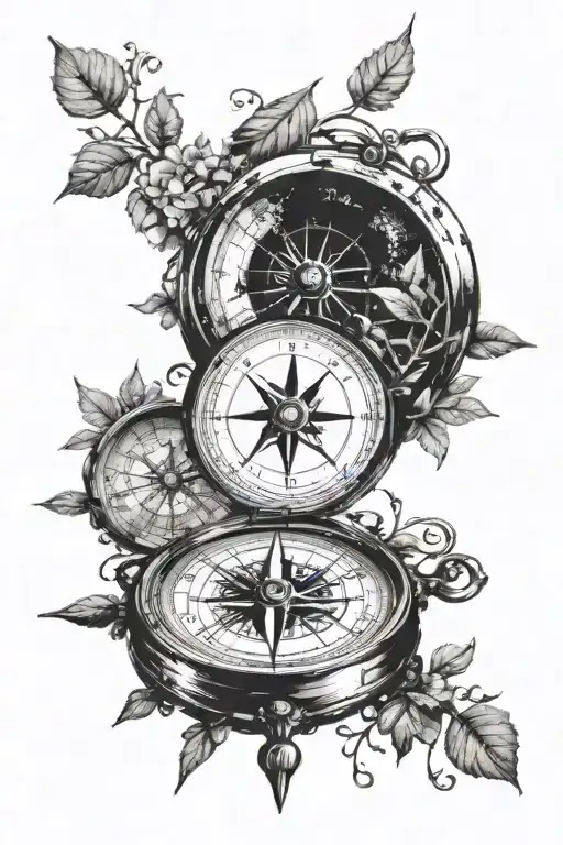 “I want a tattoo of an old maritime compass adorned with vines and tree branches. The compass should be detailed with pr tattoo design idea