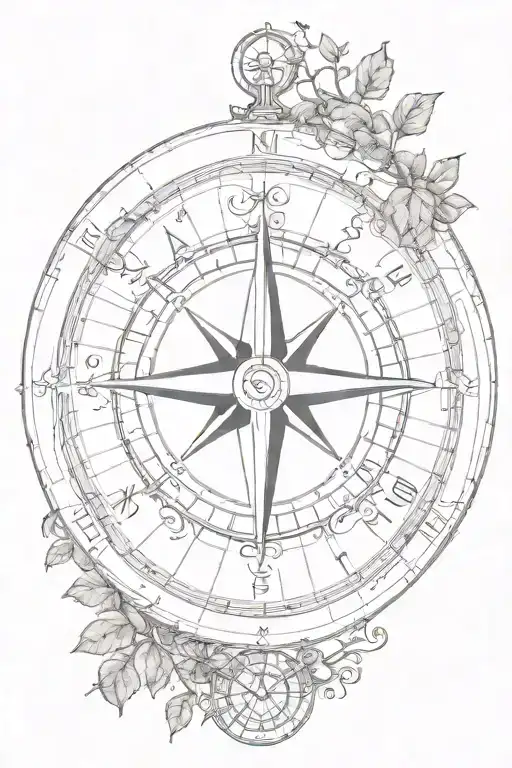 “I want a tattoo of an old maritime compass adorned with vines and tree branches. The compass should be detailed with pr tattoo design idea