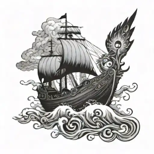 Intricate Viking ship sailing through stormy seas with a raven flying overhead tattoo design idea