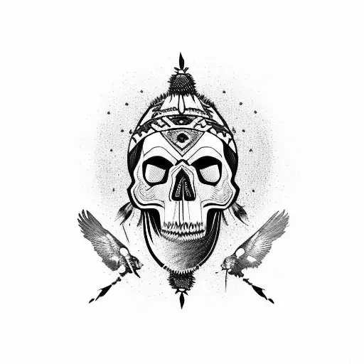 skull with American Indian headdress, wolves, eagle,  tattoo design idea