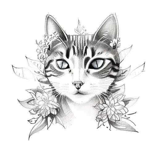 A sketch-style tattoo of a cat exploring a mystical forest filled with enchanting flowers tattoo design idea