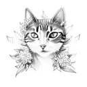 A sketch-style tattoo of a cat exploring a mystical forest filled with enchanting flowers tattoo design idea