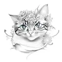 A sketch-style tattoo of a cat exploring a mystical forest filled with enchanting flowers tattoo design idea