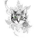 A sketch-style tattoo of a cat exploring a mystical forest filled with enchanting flowers tattoo design idea