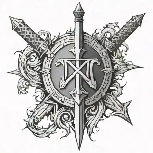 A warrior symbol like a sword or shield intertwined with the Kolovrat symbol tattoo design idea