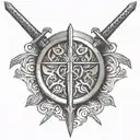 A warrior symbol like a sword or shield intertwined with the Kolovrat symbol tattoo design idea