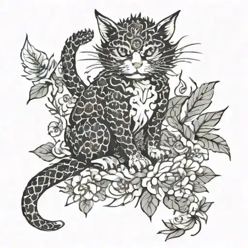 cat dragon with leafs and birds tattoo design idea