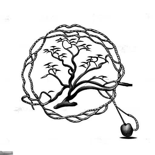 smaller plum tree with a wooden plank and guiding rope that links to a nashi pear tree tattoo design idea