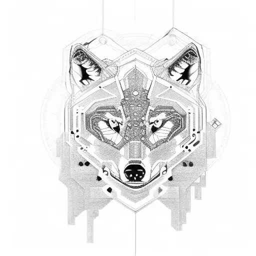 A wolf made up of intricate circuitry, surrounded by planets and asteroids tattoo design idea
