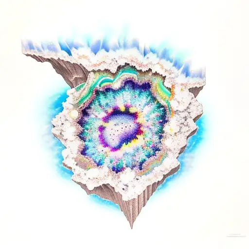 A geode split open to reveal a vibrant crystal formation tattoo design idea