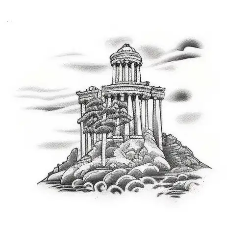 A traditional-style tattoo featuring a scenic landscape with Greek ancient statues in the foreground tattoo design idea