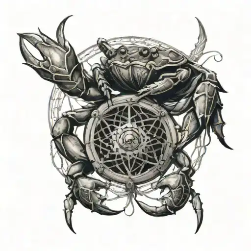 Two scorpians standing holding a dream catcher in claws with a crab in the center tattoo design idea