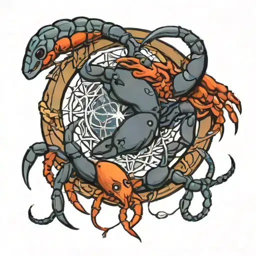 two scorpions holding a dream catcher with a crab in the center tattoo design idea