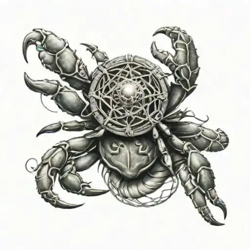 Two scorpians holding a dream catcher in claws with a crab in the center tattoo design idea