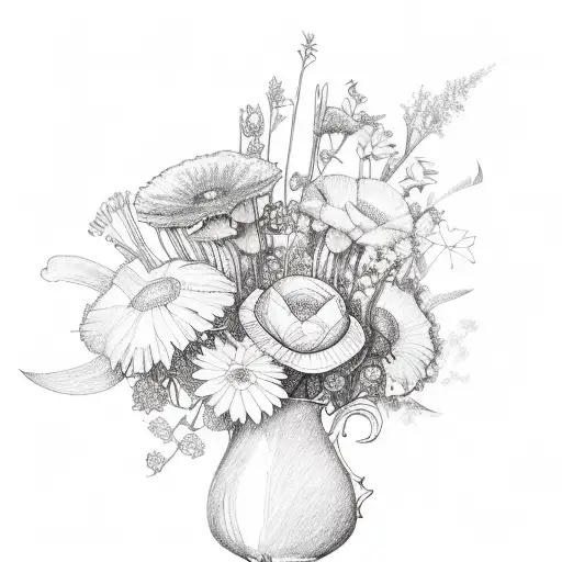 A sketch-style design featuring a collection of various summer flowers arranged in a whimsical bouquet tattoo design idea