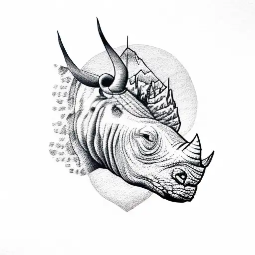 A dotwork representation of a rhino surrounded by mountain peaks with a lion on top of the mountain tattoo design idea