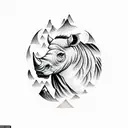 A dotwork representation of a rhino surrounded by mountain peaks with a lion on top of the mountain tattoo design idea