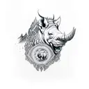 A dotwork representation of a rhino surrounded by mountain peaks with a lion on top of the mountain tattoo design idea