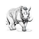 A dotwork representation of a rhino surrounded by mountain peaks with a lion on top of the mountain tattoo design idea
