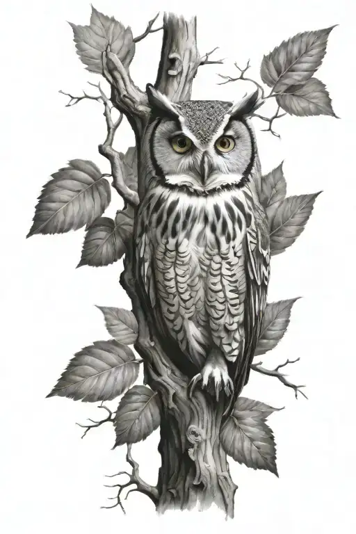 owl black and white tree nature blackout sleeve tattoo design idea