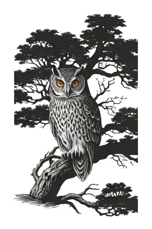 owl black and white tree nature blackout band tattoo design idea