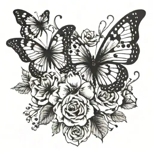 flower on collarbone with butterflies flying tattoo design idea
