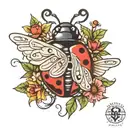 ladybug with wings spread with birthday and death date on wings tattoo design idea