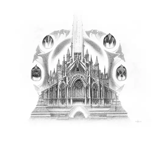 A hauntingly beautiful depiction of a gothic cathedral with demonic statues tattoo design idea