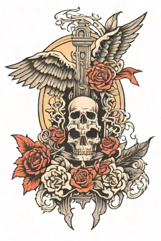 graveyard under wings tattoo design idea