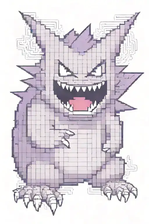 A pixel art representation of Gengar from Pokemon in a video game-inspired setting tattoo design idea