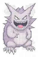 A pixel art representation of Gengar from Pokemon in a video game-inspired setting tattoo design idea