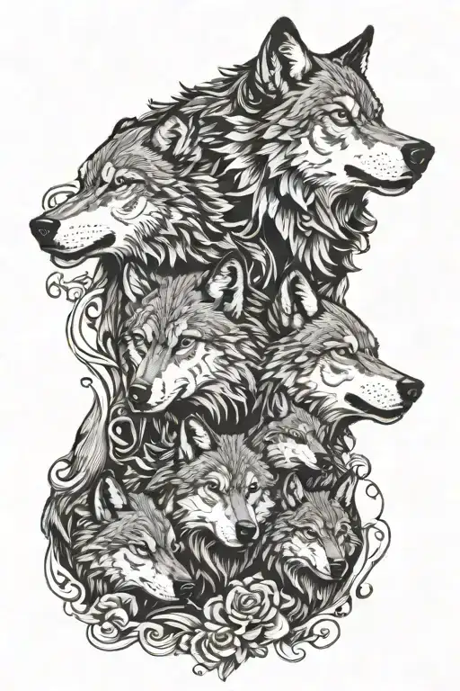a wolf father protecting its 4 children surrounded tattoo design idea